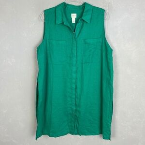 Chicos size 3 /XL tunic top button up side slit 100% linen green lagenlook NEW